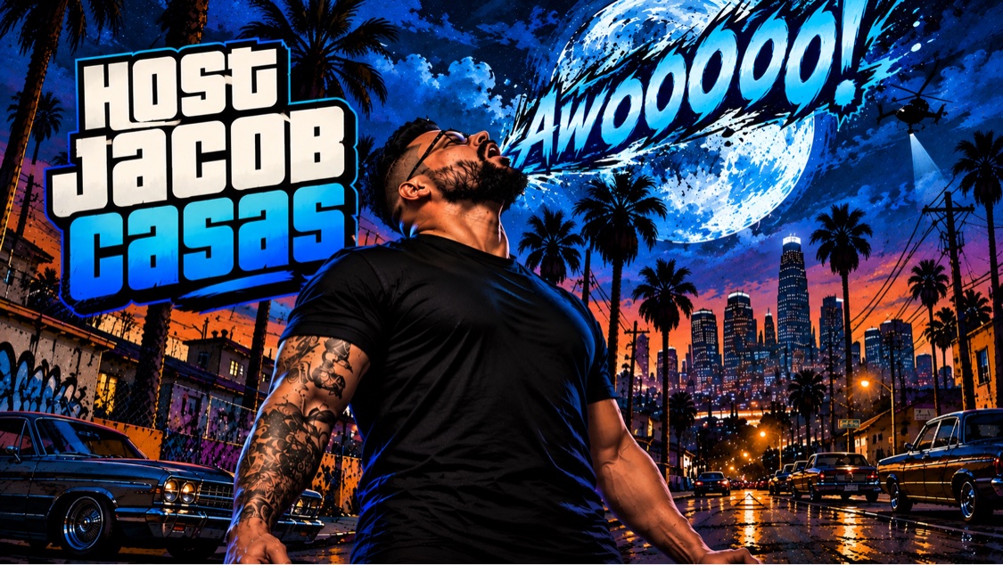 Host Jacob Casas howling AWOOOO under a blue moon over the city