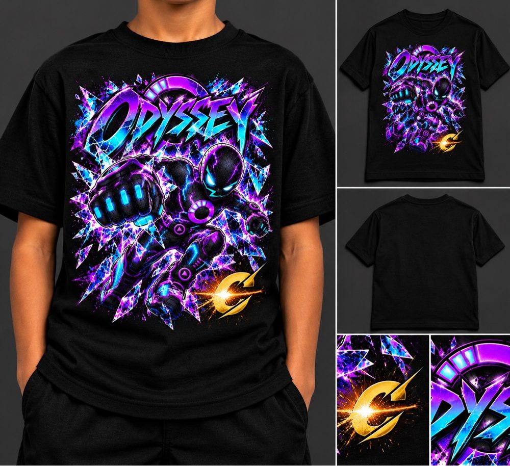 Odyssey Tee — black tee, Mason Jordan cracking through reality