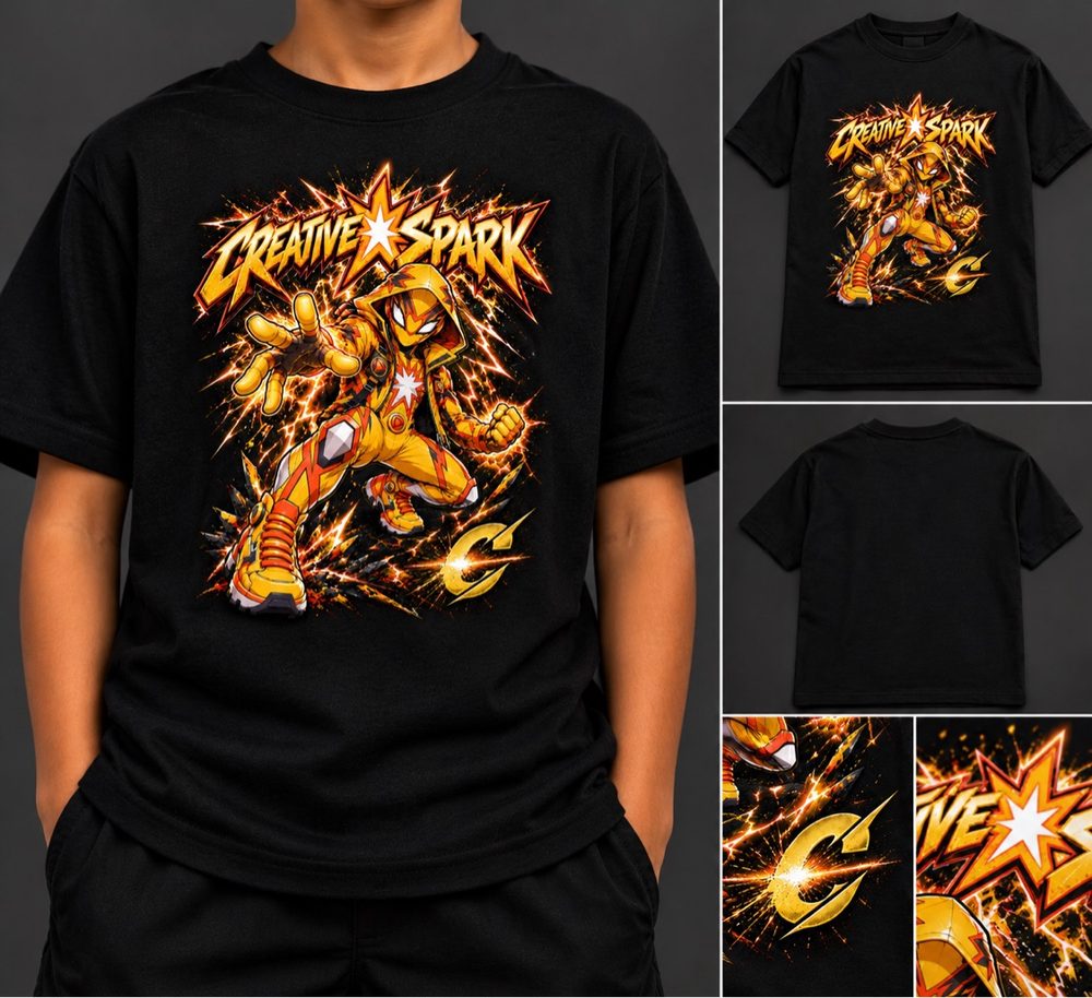Creative Spark Sparky Tee — black tee, Sparky in full spark burst glory
